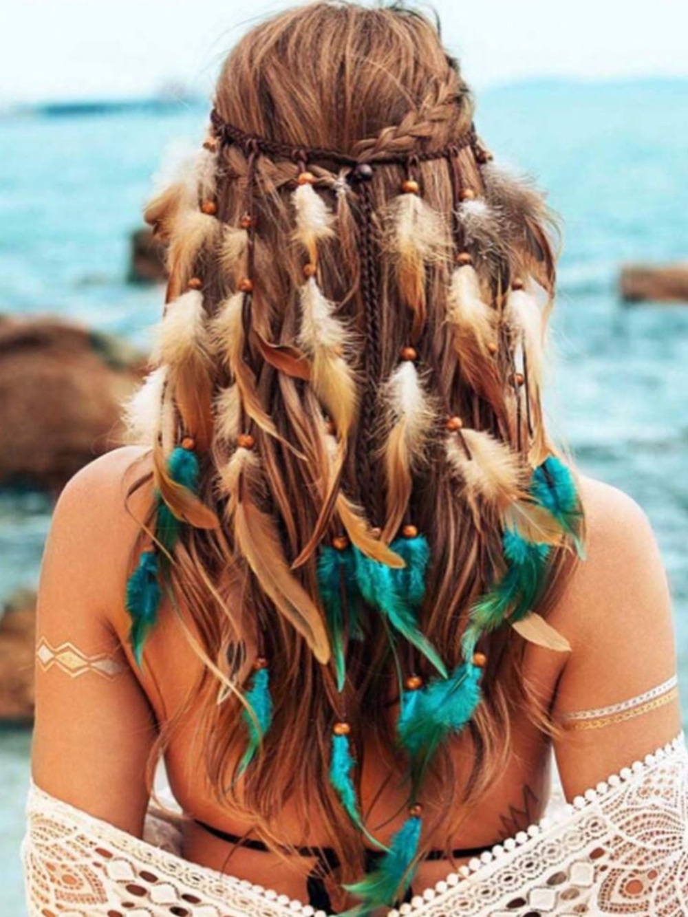Boho Feather Hair Accessory with Turquoise & Natural Feathers